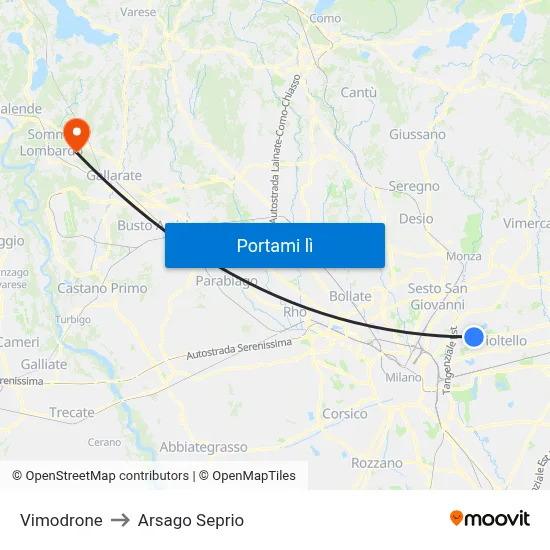 Vimodrone to Arsago Seprio map