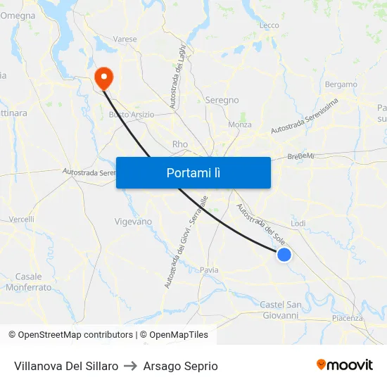 Villanova Del Sillaro to Arsago Seprio map
