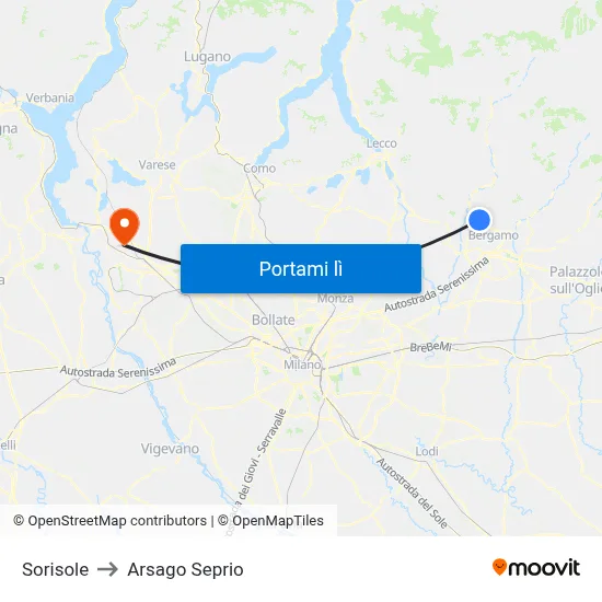 Sorisole to Arsago Seprio map