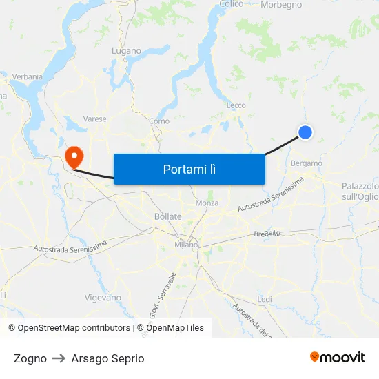 Zogno to Arsago Seprio map