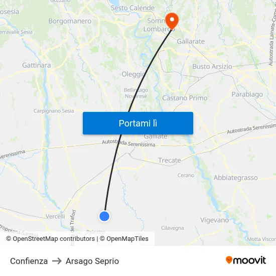 Confienza to Arsago Seprio map