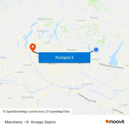 Marcheno to Arsago Seprio map