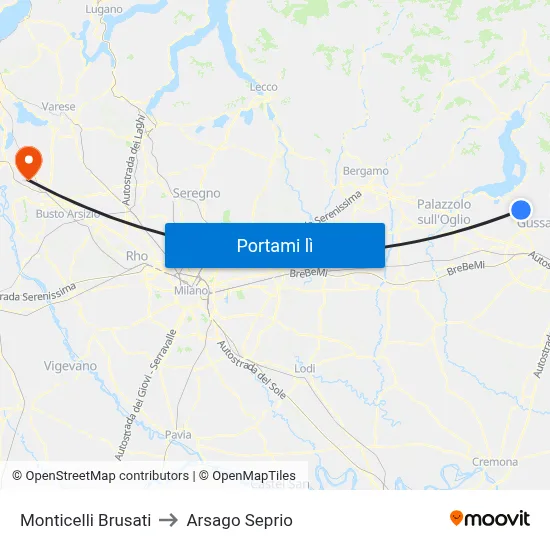 Monticelli Brusati to Arsago Seprio map