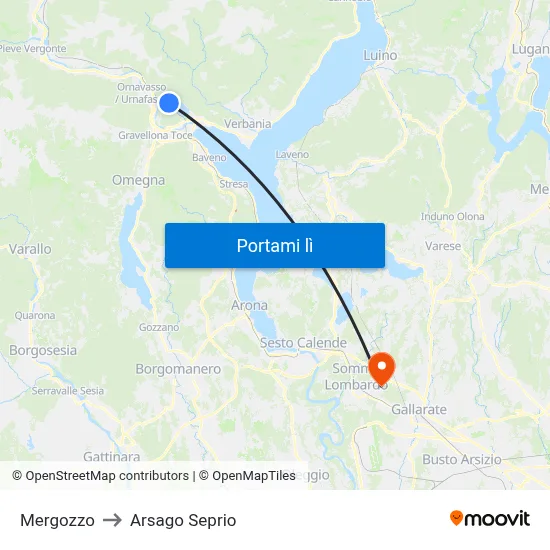 Mergozzo to Arsago Seprio map