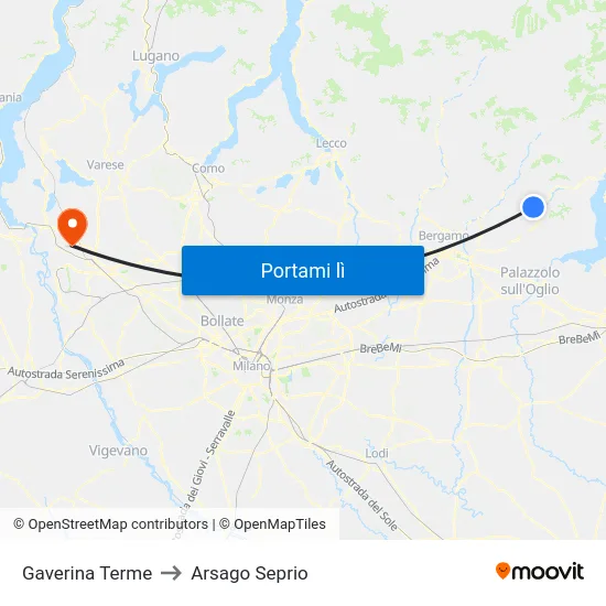 Gaverina Terme to Arsago Seprio map
