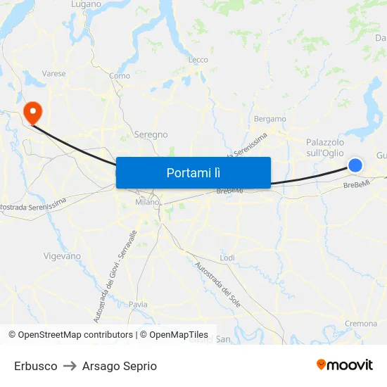 Erbusco to Arsago Seprio map