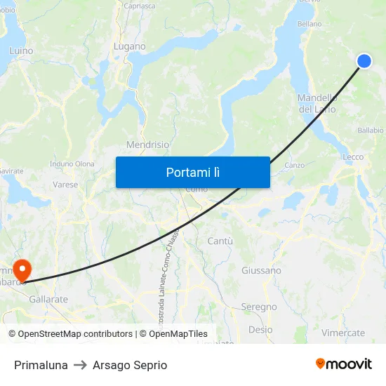 Primaluna to Arsago Seprio map