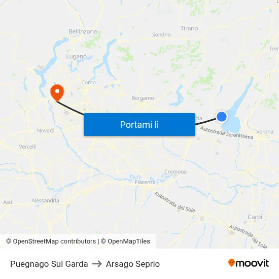 Puegnago Sul Garda to Arsago Seprio map