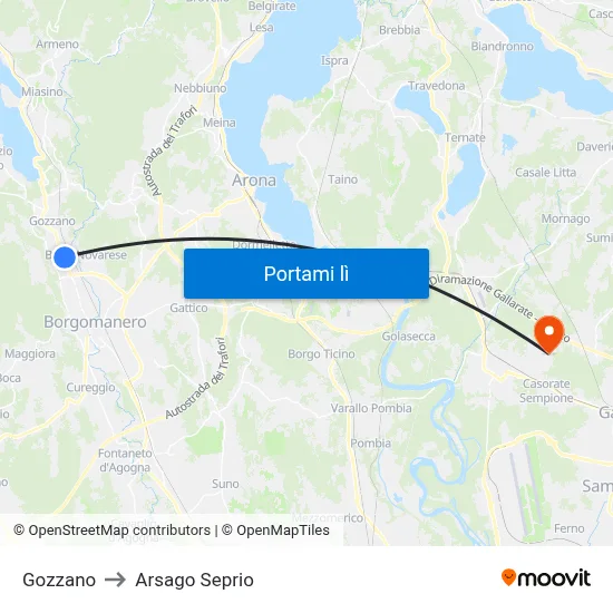 Gozzano to Arsago Seprio map