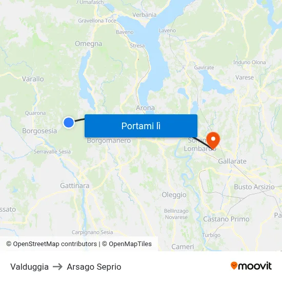 Valduggia to Arsago Seprio map