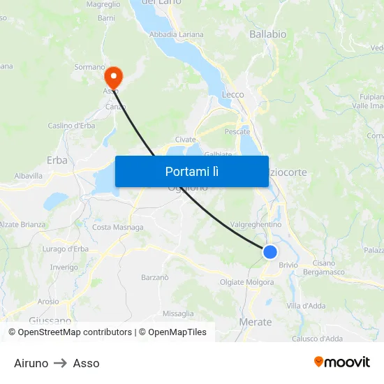 Airuno to Asso map