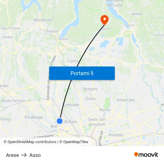 Arese to Asso map
