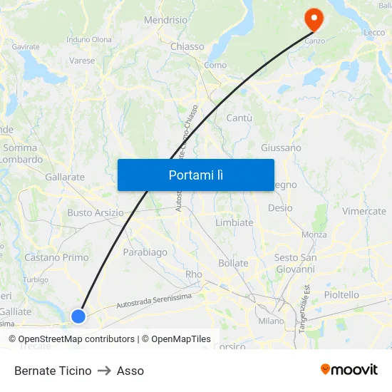 Bernate Ticino to Asso map