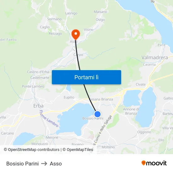 Bosisio Parini to Asso map