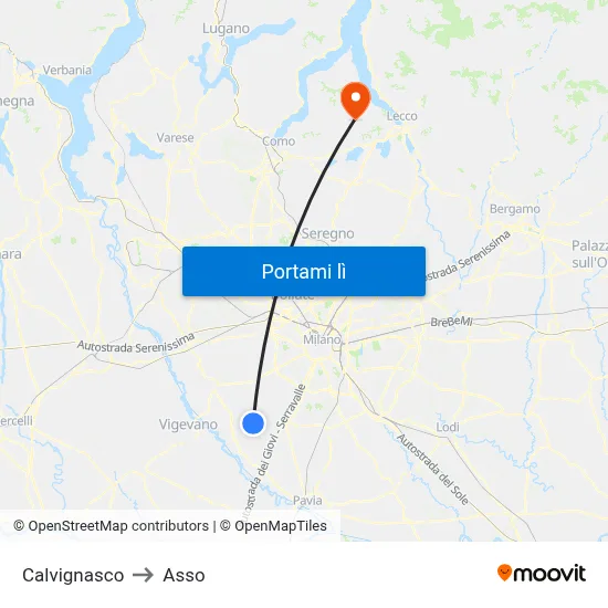 Calvignasco to Asso map