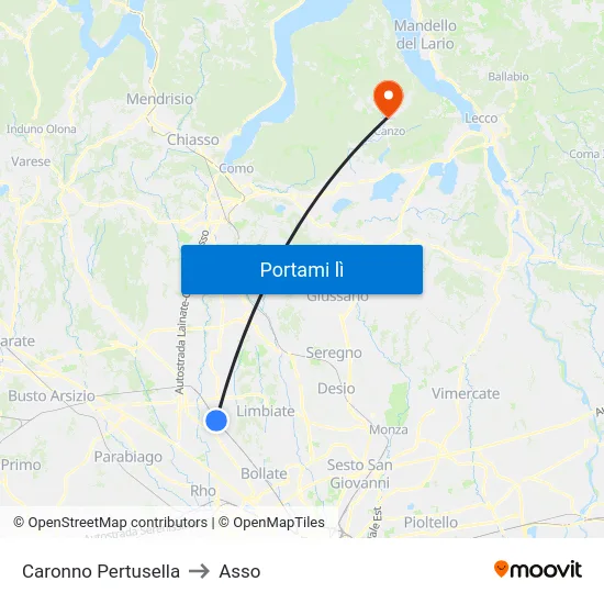 Caronno Pertusella to Asso map