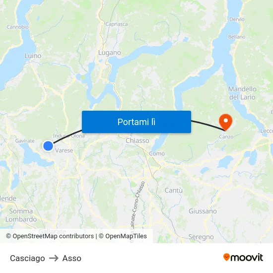 Casciago to Asso map