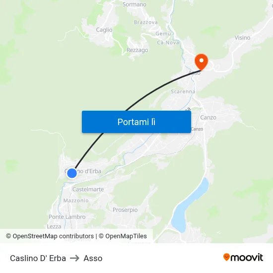 Caslino D' Erba to Asso map