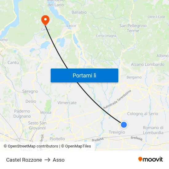 Castel Rozzone to Asso map