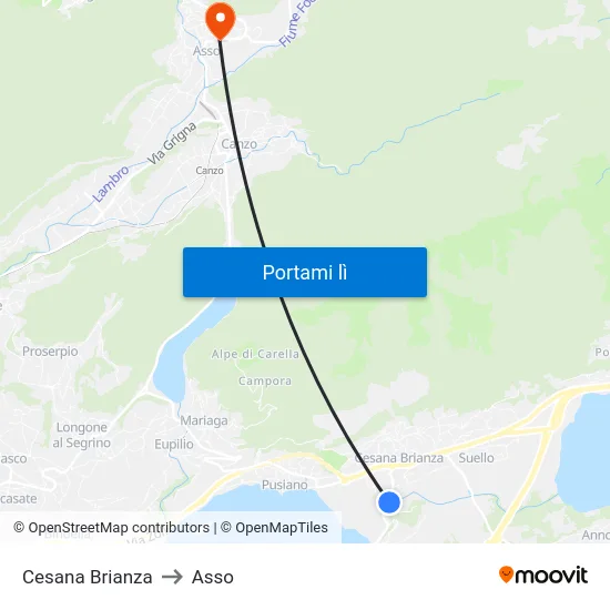 Cesana Brianza to Asso map