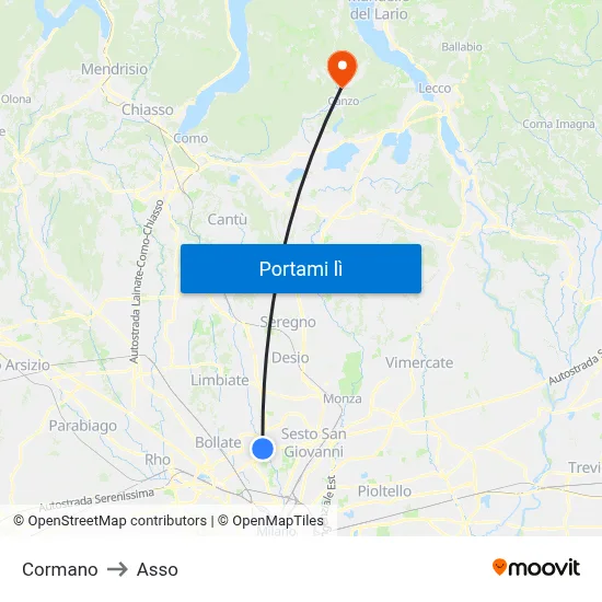 Cormano to Asso map
