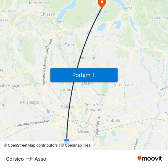 Corsico to Asso map