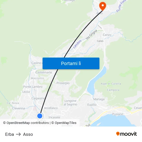 Erba to Asso map