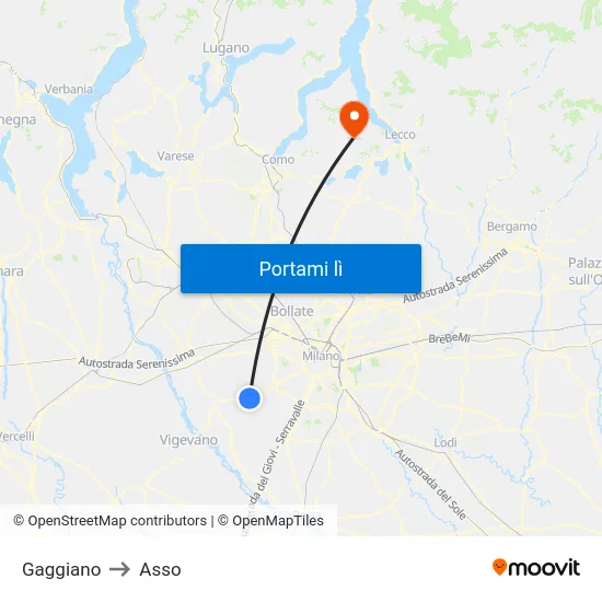 Gaggiano to Asso map