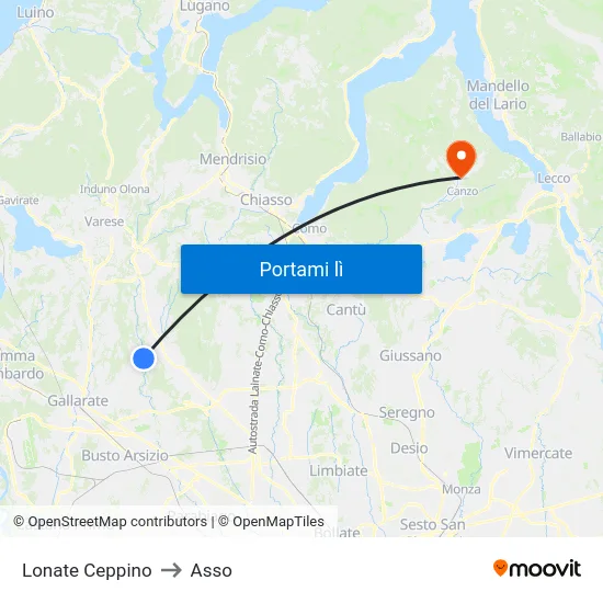 Lonate Ceppino to Asso map
