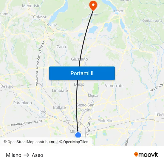 Milano to Asso map
