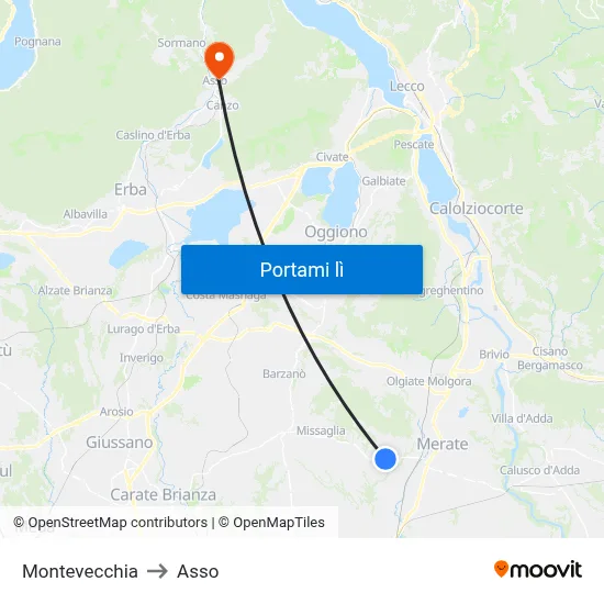 Montevecchia to Asso map