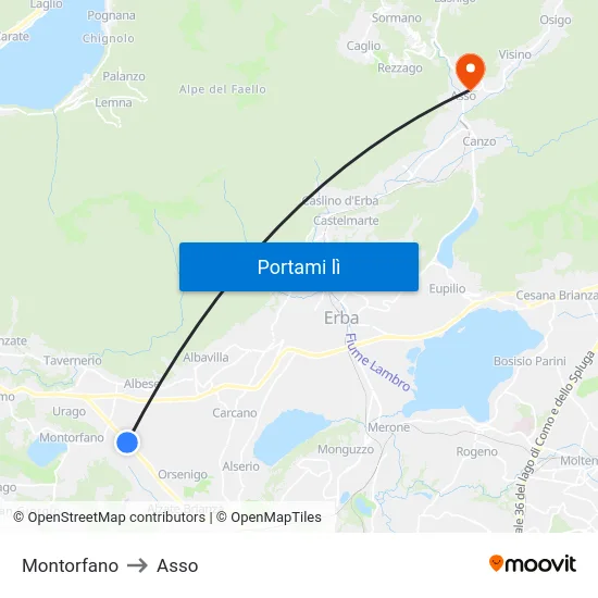 Montorfano to Asso map