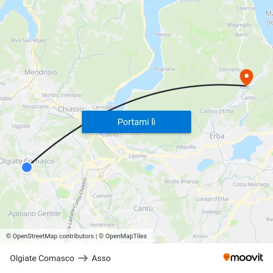 Olgiate Comasco to Asso map