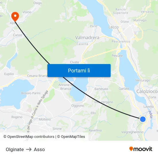 Olginate to Asso map