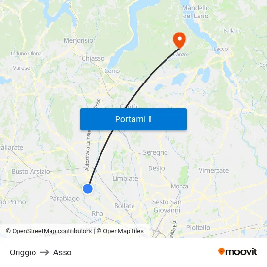 Origgio to Asso map