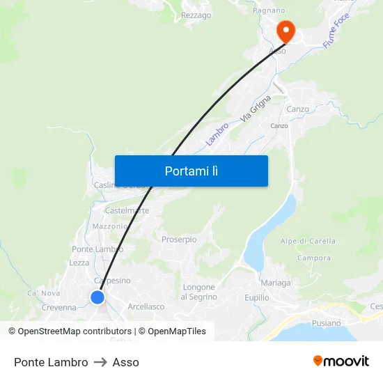 Ponte Lambro to Asso map