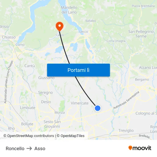 Roncello to Asso map