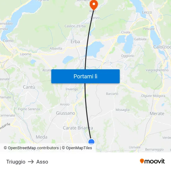 Triuggio to Asso map