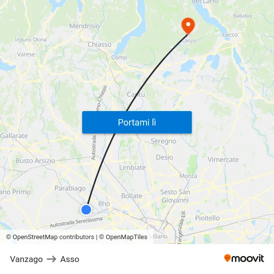 Vanzago to Asso map