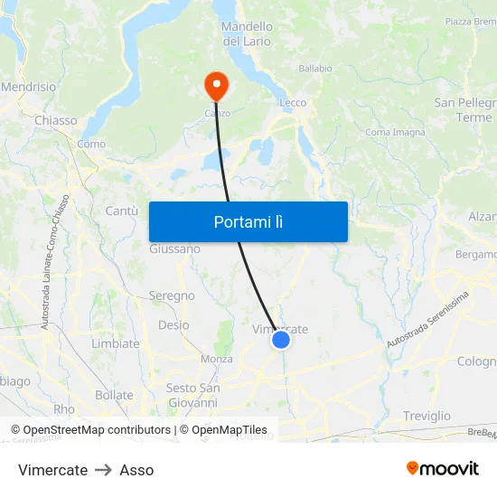 Vimercate to Asso map