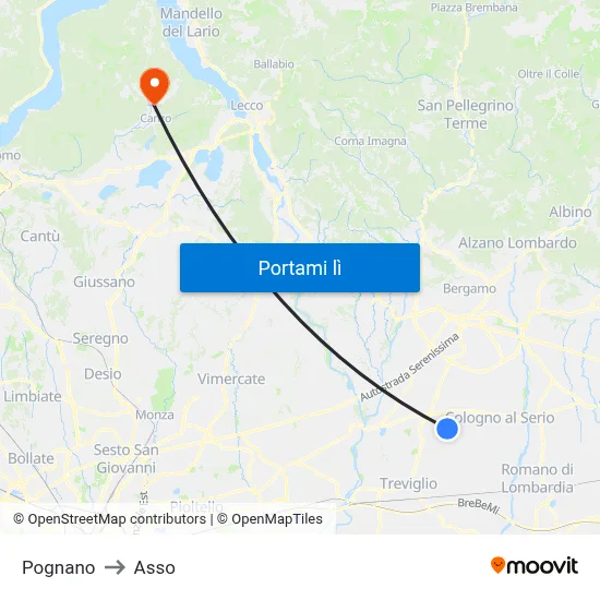 Pognano to Asso map