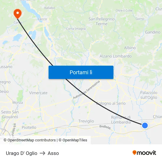 Urago D' Oglio to Asso map