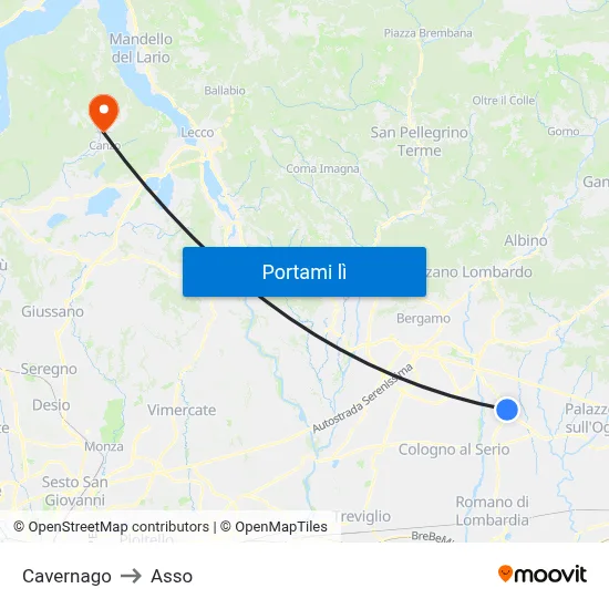 Cavernago to Asso map
