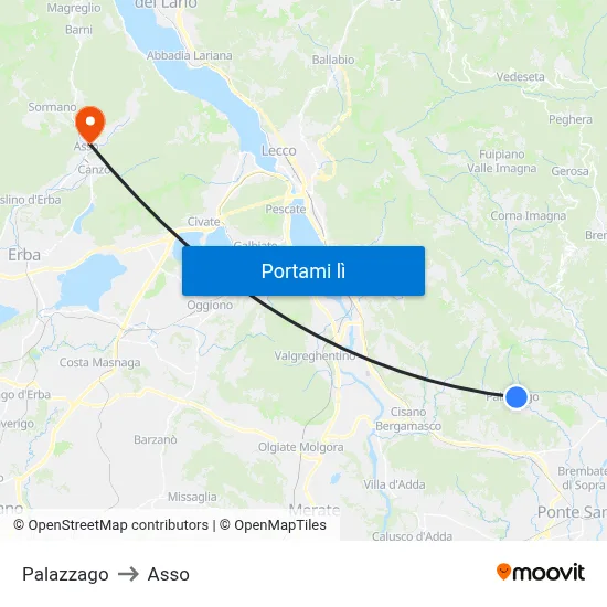 Palazzago to Asso map
