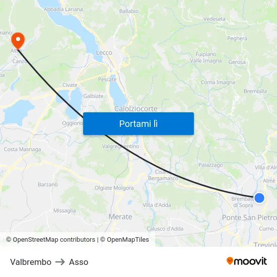 Valbrembo to Asso map