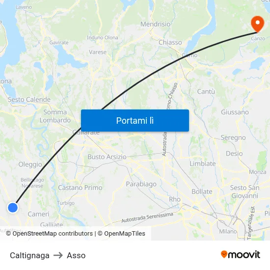 Caltignaga to Asso map