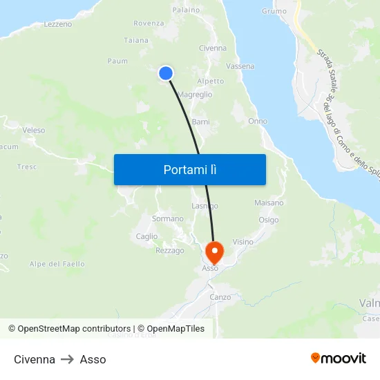 Civenna to Asso map