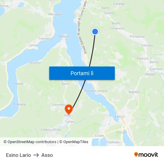 Esino Lario to Asso map