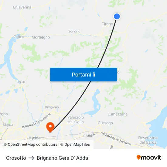 Grosotto to Brignano Gera D' Adda map