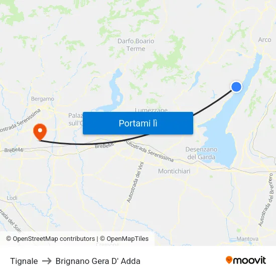 Tignale to Brignano Gera D' Adda map